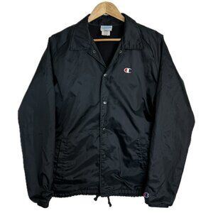 Vintage Champion Jacket Men Medium Black 90s Coaches Windbreaker Snap Up Logo